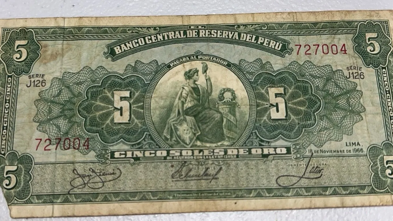 Peru 5 Soles de Oro Banknote, Lima 1966, Series J126