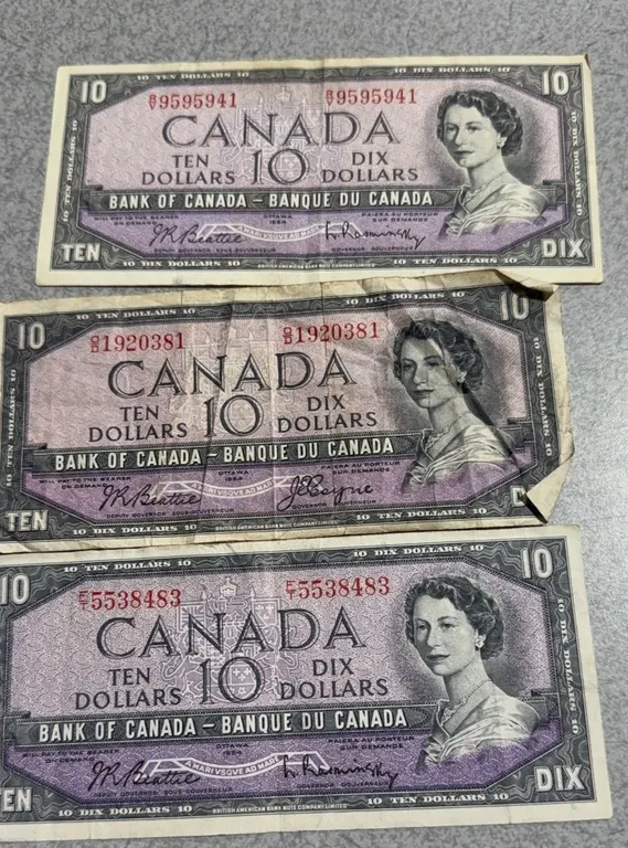 1954 Bank of Canada $10 Dollar Notes, Set of 3, Queen Elizabeth II