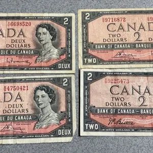 1954 Canada $2 Banknotes Lot of 4, Queen Elizabeth II
