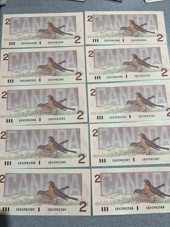 10 Consecutive Canadian $2 Bills Birds of Canada Series