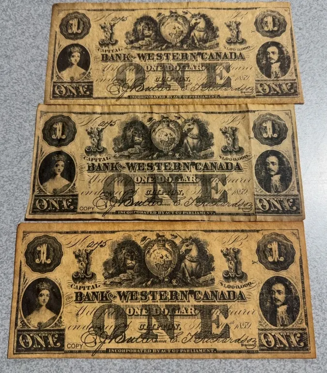 3 Bank of Western Canada One Dollar Bills, 2 Copies