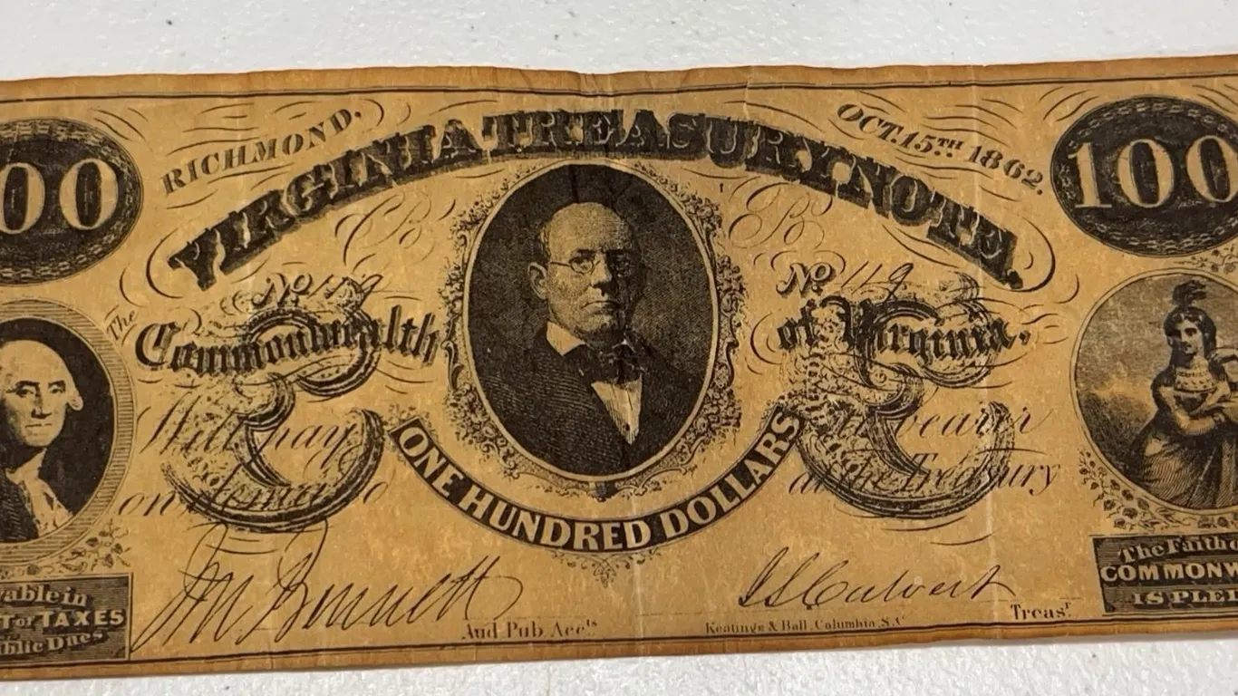 Virginia Treasury Note $100 Confederate Currency