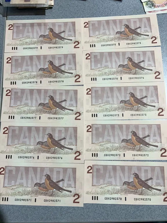 10 Consecutive Canadian $2 Bills, Birds of Canada Series