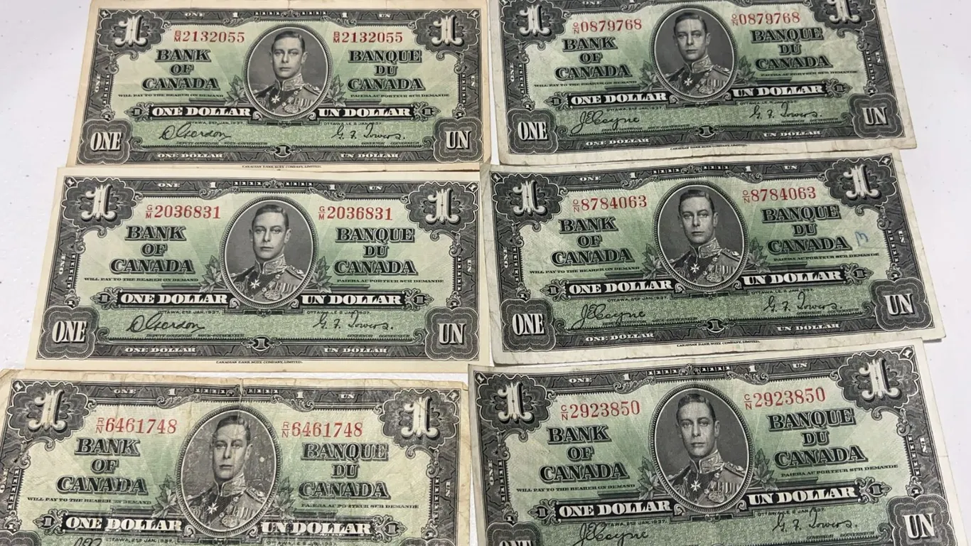 Six 1937 Bank of Canada $1 George VI Notes