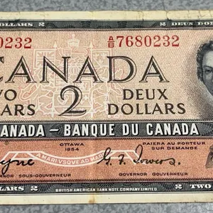 1954 Canadian $2 Banknote, Bank of Canada, Modified Portrait