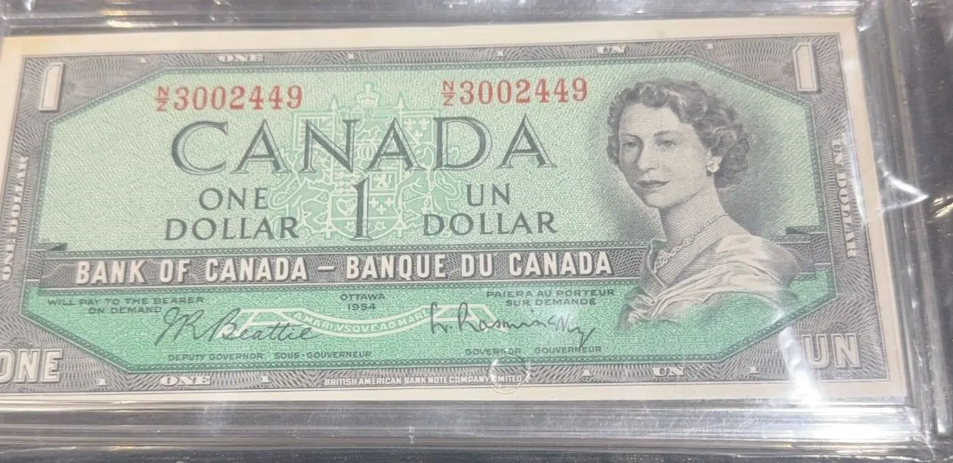 1954 Bank of Canada $1 Dollar Bill, Green, Queen Elizabeth II, Serial #3002449