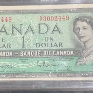 1954 Bank of Canada $1 Dollar Bill, Green, Queen Elizabeth II, Serial #3002449