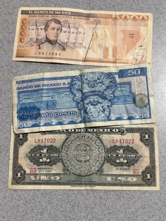 3 Mexican Banknotes: 5000, 50 Pesos, and 1 Peso