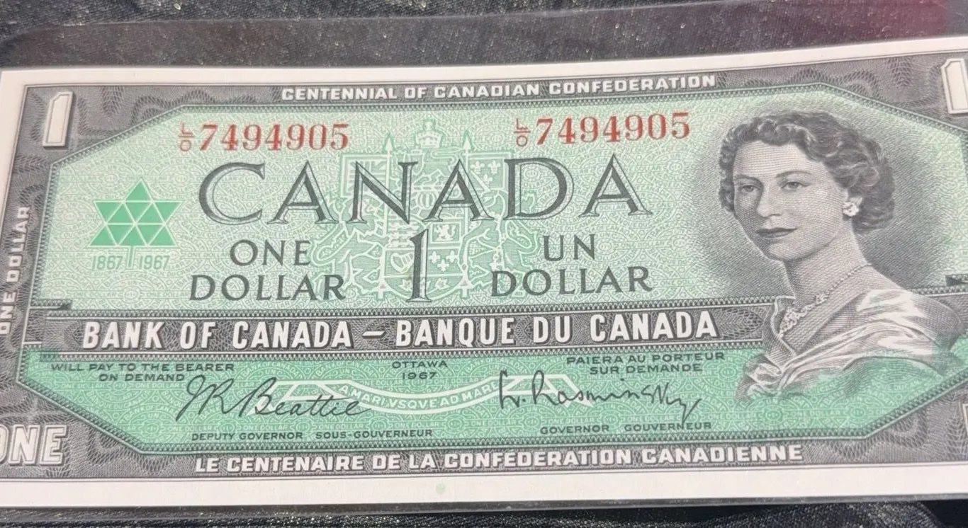 1967 Canadian Centennial $1 Dollar Banknote, Serial #7494905