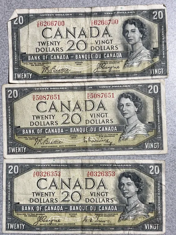 3 1954 Bank of Canada $20 Notes, QEII, Modified Portrait