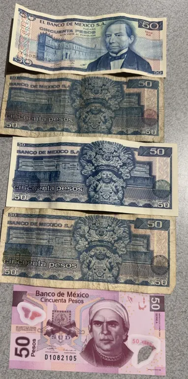 5 Mexican 50 Peso Banknotes, Various Designs and Series