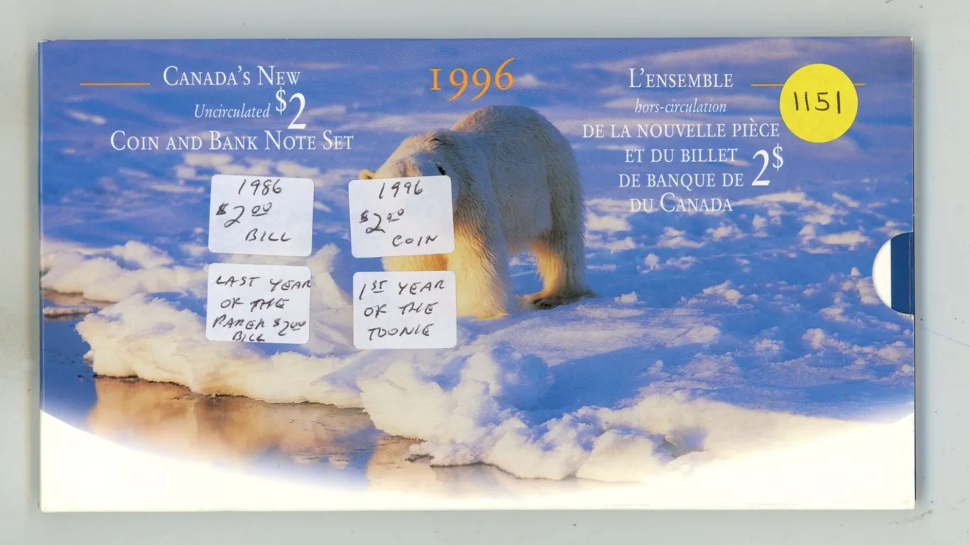 Canada UNC $2 Coin and Bank Note Set – 1986 (Last Year Printed) $2 Bill & 1996 (First Year