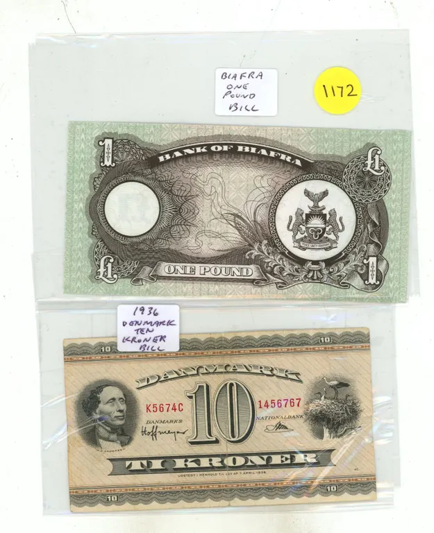 (2) Foreign Bank Notes – Biafra One Pound, Denmark Ten Kroner