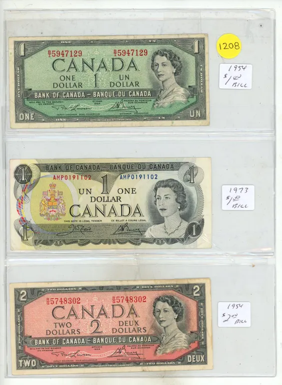 1954 Canada One- & Two-Dollar Banknotes, 1973 Canada One Dollar Banknote