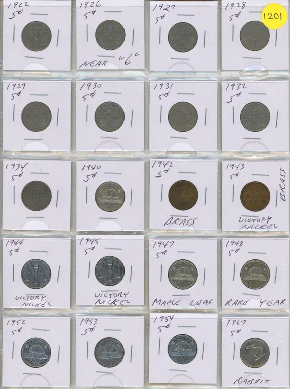 (20) Canada Nickles – Mixed Dates from 1922-1967 inc. Rabbit & Victory Nickels