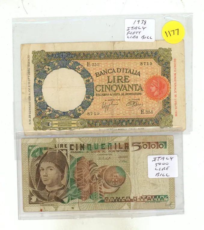 (2) Foreign Bank Notes – Italy Fifty, Five Thousand Lira