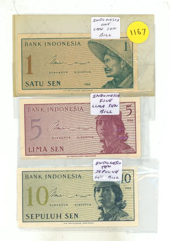 (3) Indonesia Bank Notes (One, Five, Ten Sen)