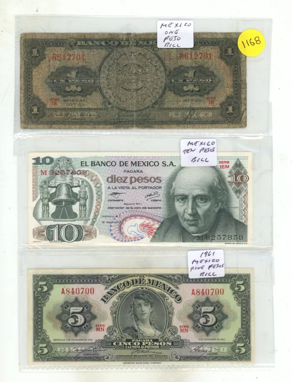 (3) Mexico Bank Notes (One, Five, Ten Pesos)