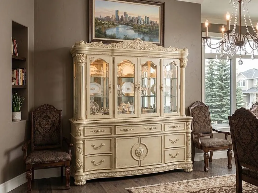 Cream-Colored Carved China Cabinet and Buffet