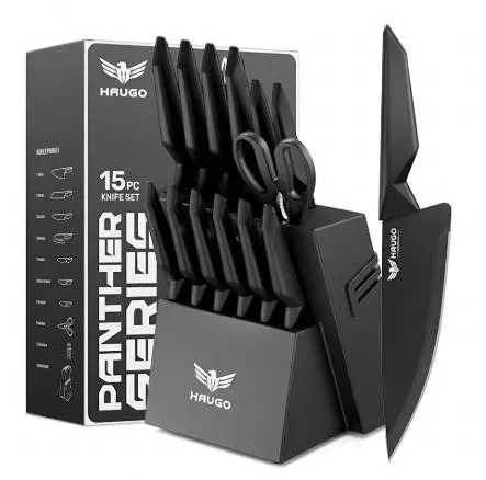 Haugo Panther 15 PCS Kitchen Knife Set with Built in Sharpener - Dishwasher Safe High Carbon Stainle