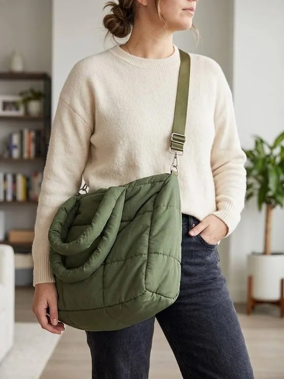 Green Quilted Duffel Bag with Strap