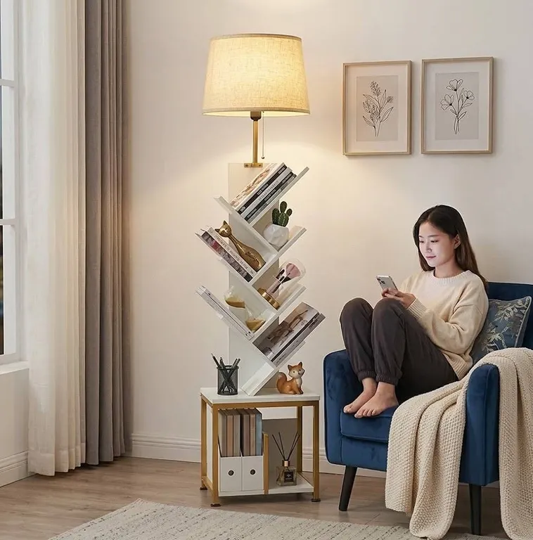 ZEXVIDA Bookcase with Lamp Gold/White