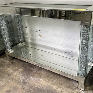 MODERN INLAID GLASS TOP GLAM MIRRORED HALL TABLE WITH CRUSHED DIAMOND ACCENTS 47.5" X 14" X 32"