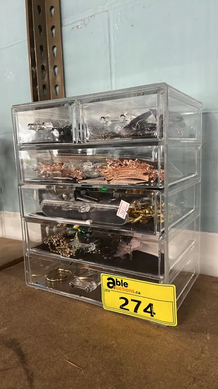 ACRYLIC JEWELRY BOX WITH ASSORTED FASHION HAIR ACCESSORIES & JEWELRY
