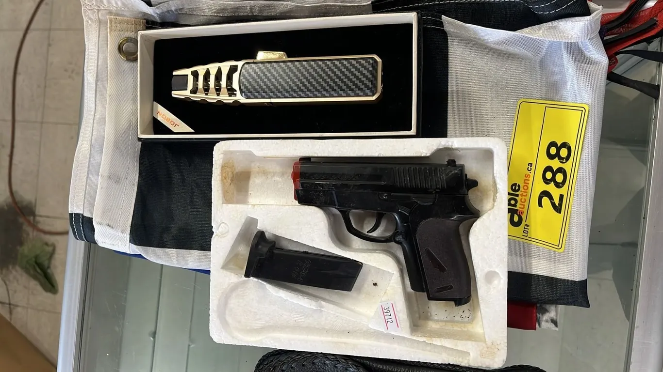CYNA SIG SP 618 PELLET GUN, JOBON TORCH LIGHTER, BLACK & WHITE CHECKER FLAG & JAMES DEAN FLAG