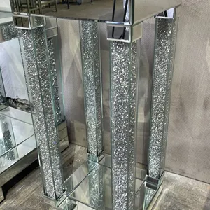 MODERN IN-LAID GLASS TOP GLAM MIRRORED END TABLE WITH CRUSHED DIAMOND ACCENTS 12" X 12" X 28"