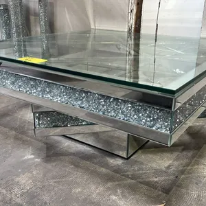 MODERN GLASS TOP GLAM MIRRORED COFFEE TABLE WITH CRUSHED DIAMOND ACCENTS 39.5" X 39.5" X 16"