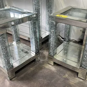 PAIR OF MODERN IN-LAID GLASS TOP GLAM MIRRORED END TABLES WITH CRUSHED DIAMOND ACCENTS 17.5" X