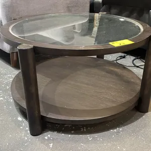 2-TIER ROUND IN-LAID GLASS TOP WOOD COFFEE TABLE 33.5" (SOME COSMETIC DAMAGE)