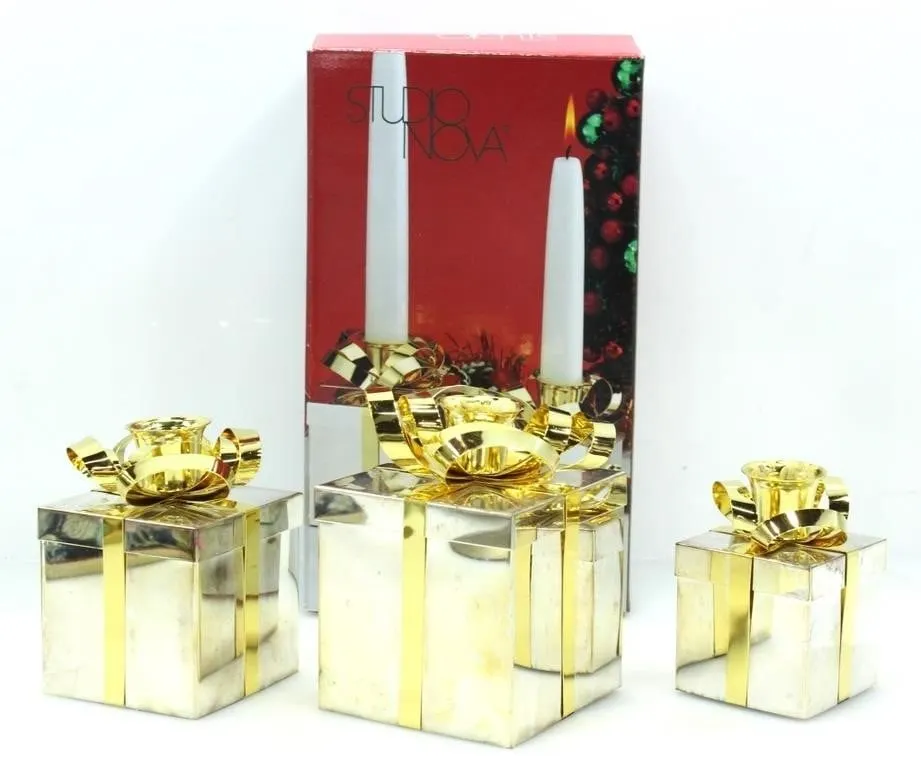 3 CHRISTMAS PRESENT NOVA CANDLESTICK HOLDERS