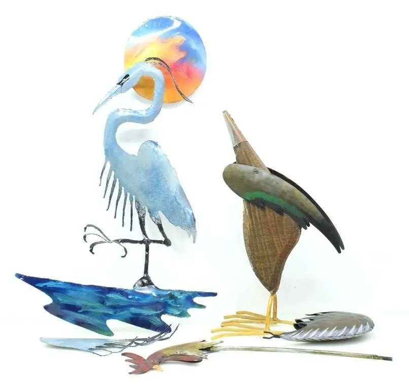SPRAY PAINTED METAL HANGING HERON & ROOSTER FIGURE
