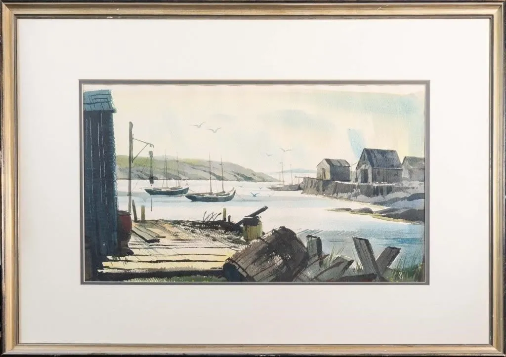 SIGNED 'FRESHWATER HARBOUR' WATERCOLOUR ON PAPER