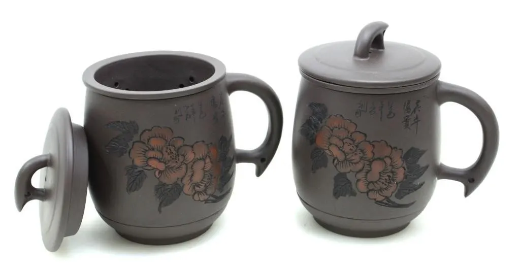 PAIR YIXING ZISHA 4-PIECE TEA MUG W/ LEAF FILTER