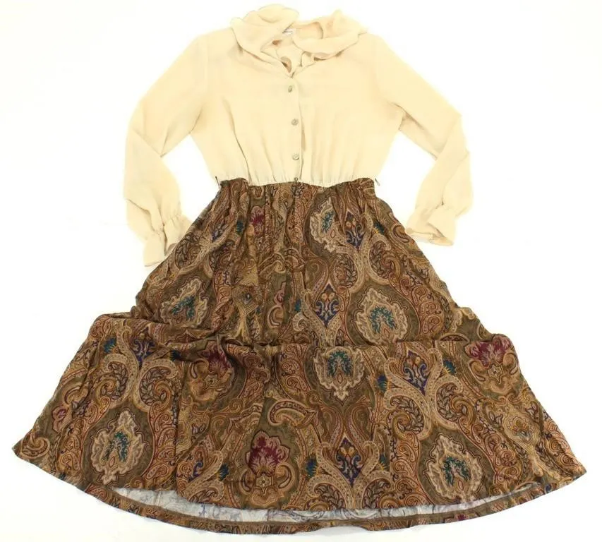 ALGO 80s' BROWN PAISLEY & SHEER RUFFLE TOP DRESS