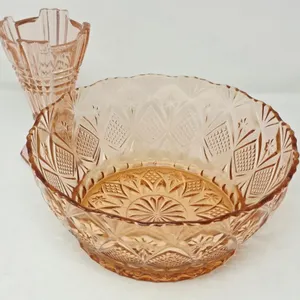 Pink Depression Bowl & Geometric Vase Lot
