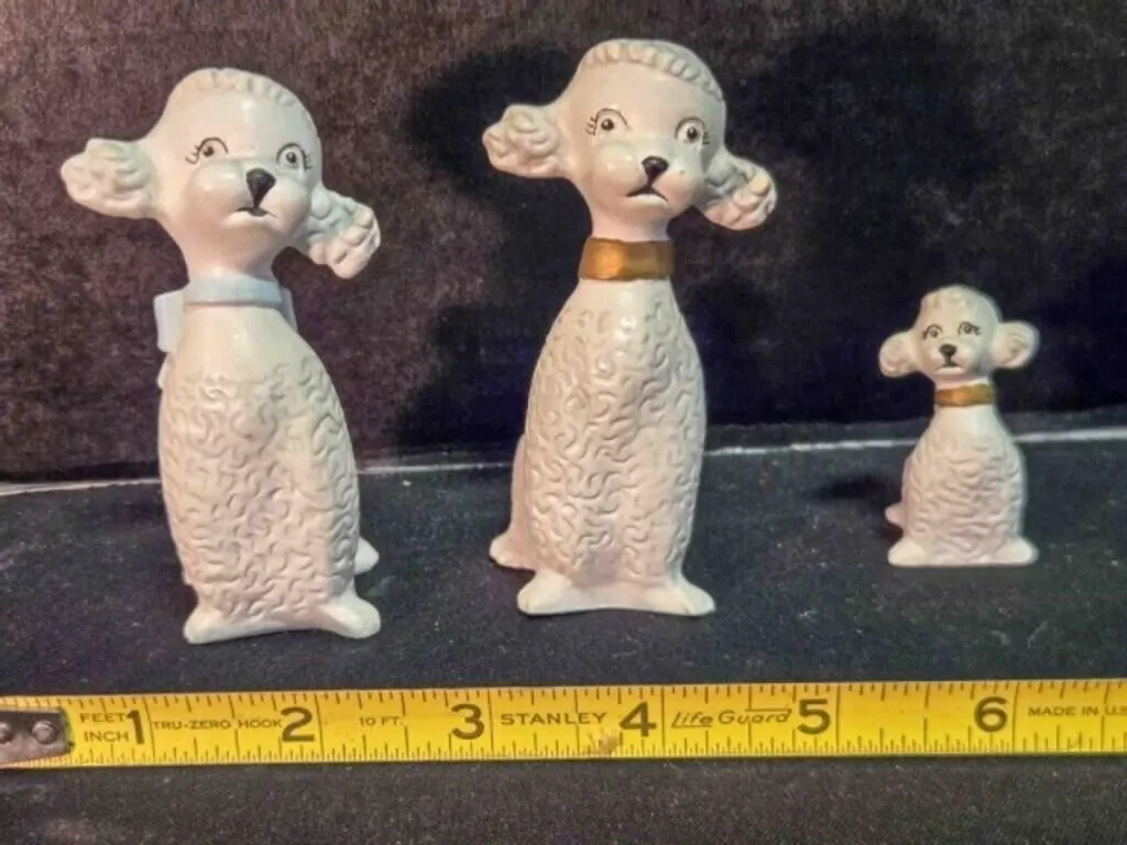 3 ceramic poodle figurines, 4" tall