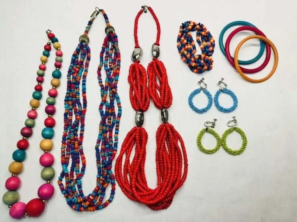 3 wood Bead multi Strand Necklaces, bangle bracele