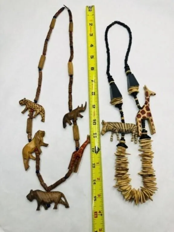 2 Wood African Style Necklaces-carved wood animals
