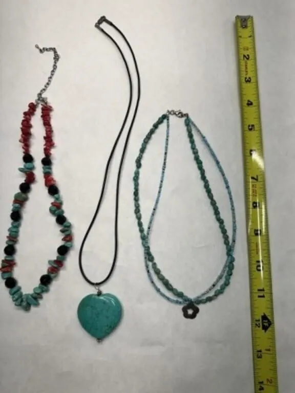 3 Turquoise Style Necklaces, chip pcs, black glass