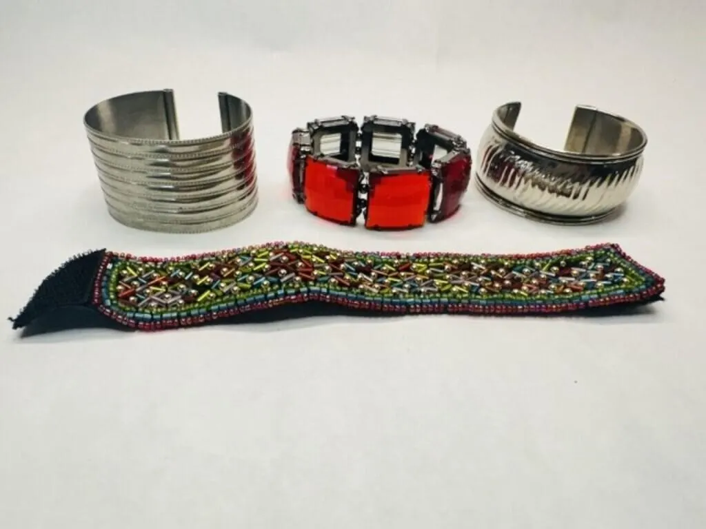 4 Bracelets, 2 Silvertone Cuff, Red Plastic rhines