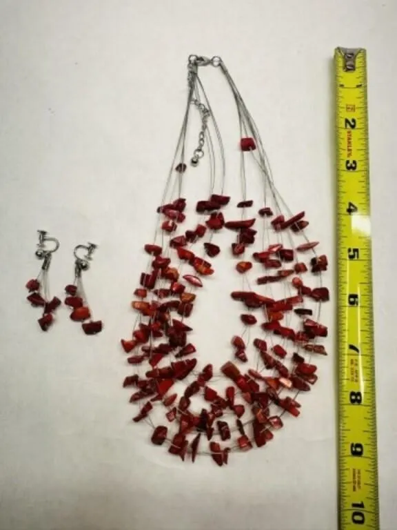 Multi-strand red coral chip bib Necklace, 925 Silv