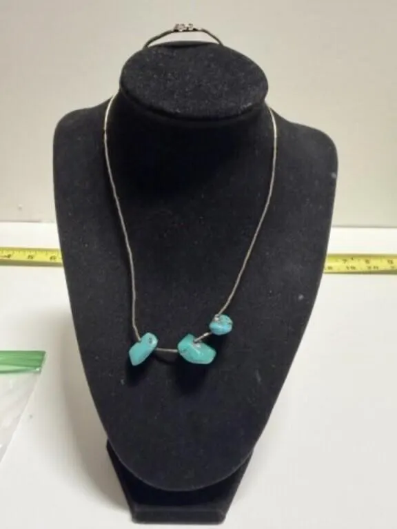 Turquoise Stones & Silver bugle beads Necklace,