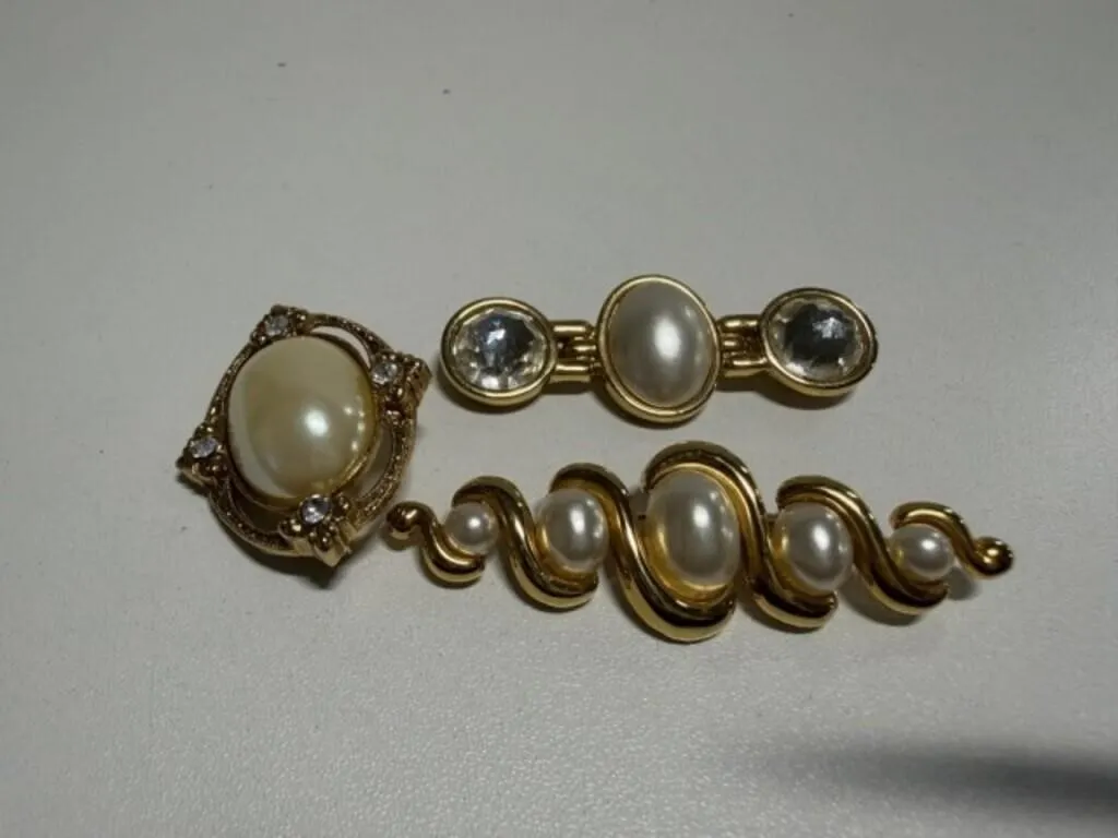 3 Pearl & Gold Tone Bar Brooches Pins-rhinestone &