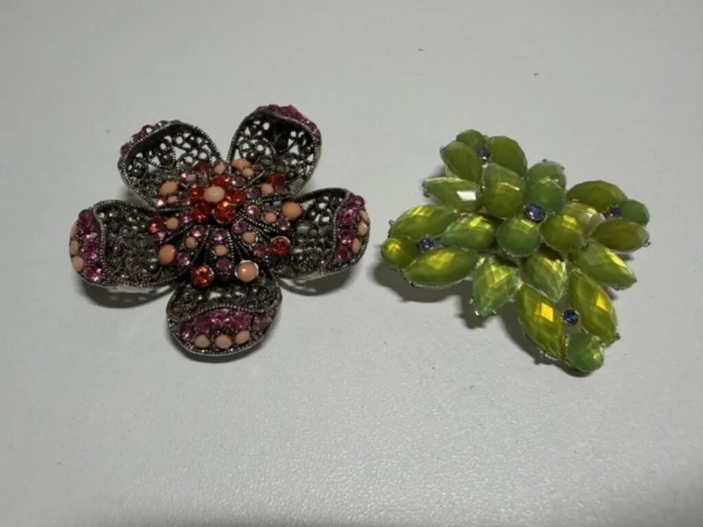 Pink Flower Rhinestone Brooch, Green Stone Square