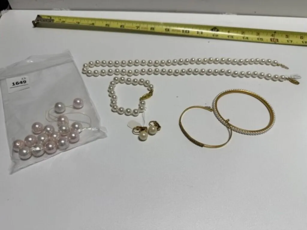 Faux Pearl Necklace, Clip-on Earrings, 4 Bracelets