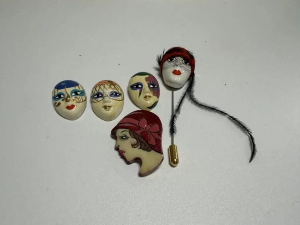 1980s Ceramic Face Mask Cabochon Pins, Lapel pin